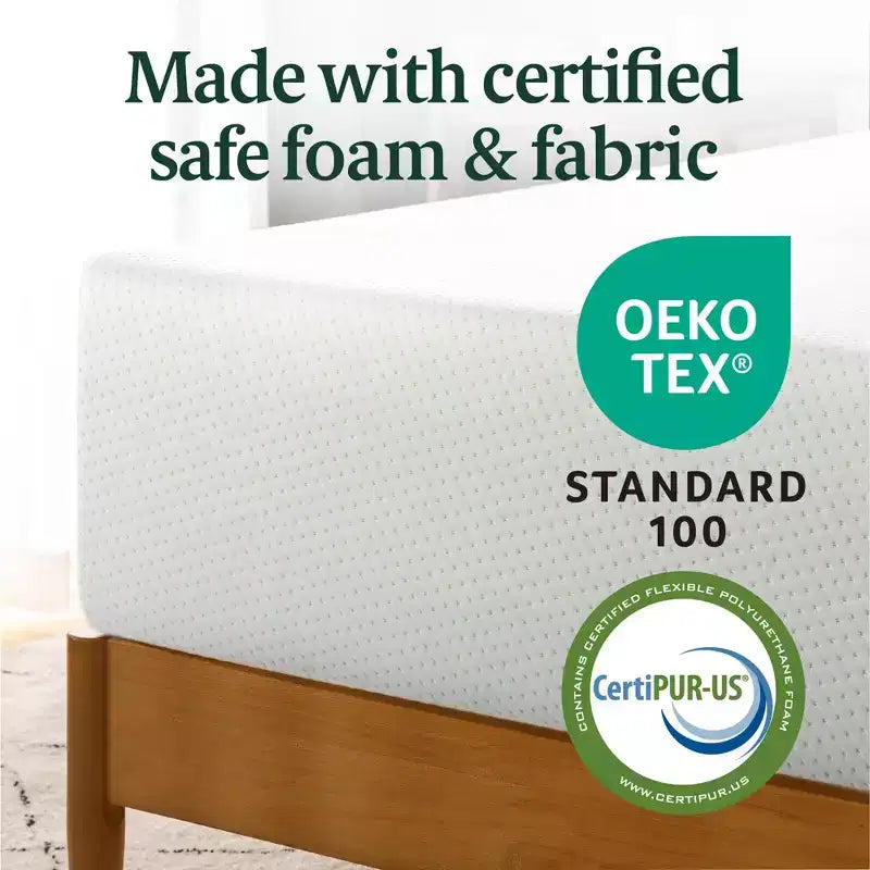 Matelas en mousse à mémoire de forme au thé vert Zinus 25 cm, une place, sans fibre de verre, fermeté moyenne, zones de soulagement de la pression, mousses et tissu certifiés sûrs