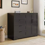 43.3in Wardrobe Closet with 4 Drawers Hanging Rod Double Doors Storage Cabinet for Bedroom, Black