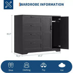 Armoire-penderie de 110 cm avec 4 tiroirs, tringle à vêtements, double portes, meuble de rangement pour chambre, noir