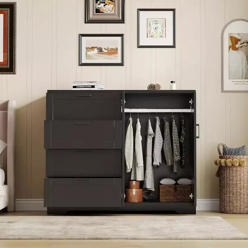 Armoire-penderie de 110 cm avec 4 tiroirs, tringle à vêtements, double portes, meuble de rangement pour chambre, noir