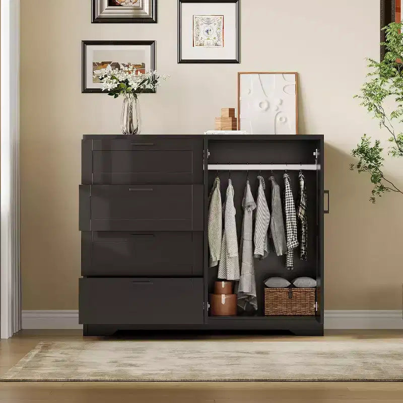 Armoire-penderie de 110 cm avec 4 tiroirs, tringle à vêtements, double portes, meuble de rangement pour chambre, noir