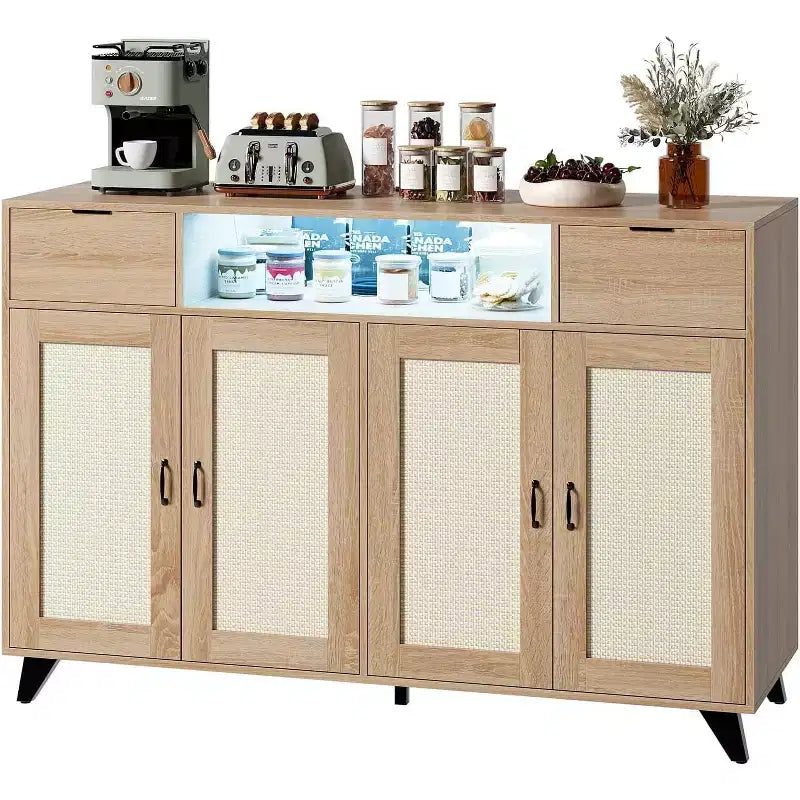 Buffet de rangement avec 2 tiroirs et portes, éclairage intégré et prise de courant, meuble de rangement d'appoint, table de bar à café, pour cuisine, salle à manger