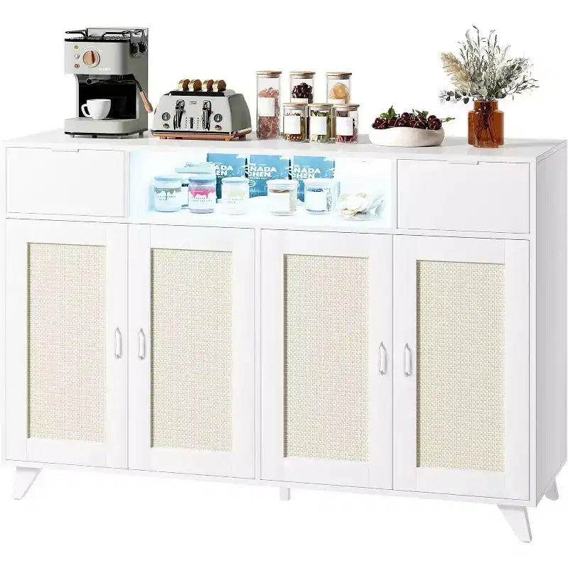 Buffet de rangement avec 2 tiroirs et portes, éclairage intégré et prise de courant, meuble de rangement d'appoint, table de bar à café, pour cuisine, salle à manger