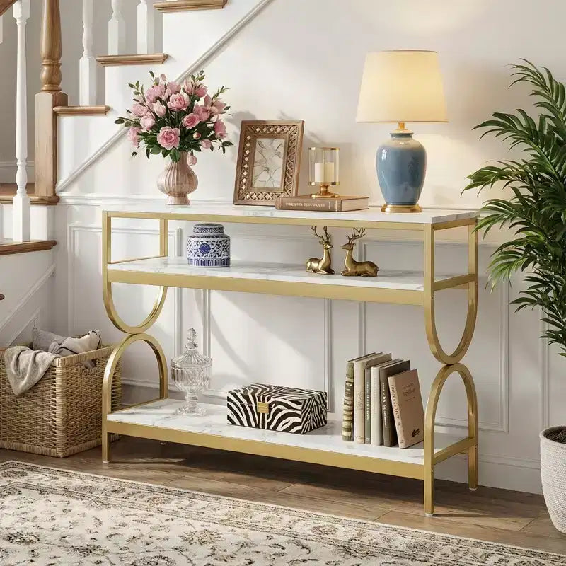 Console MAYEERTY à 3 niveaux, table de canapé de 140 cm avec étagères de rangement