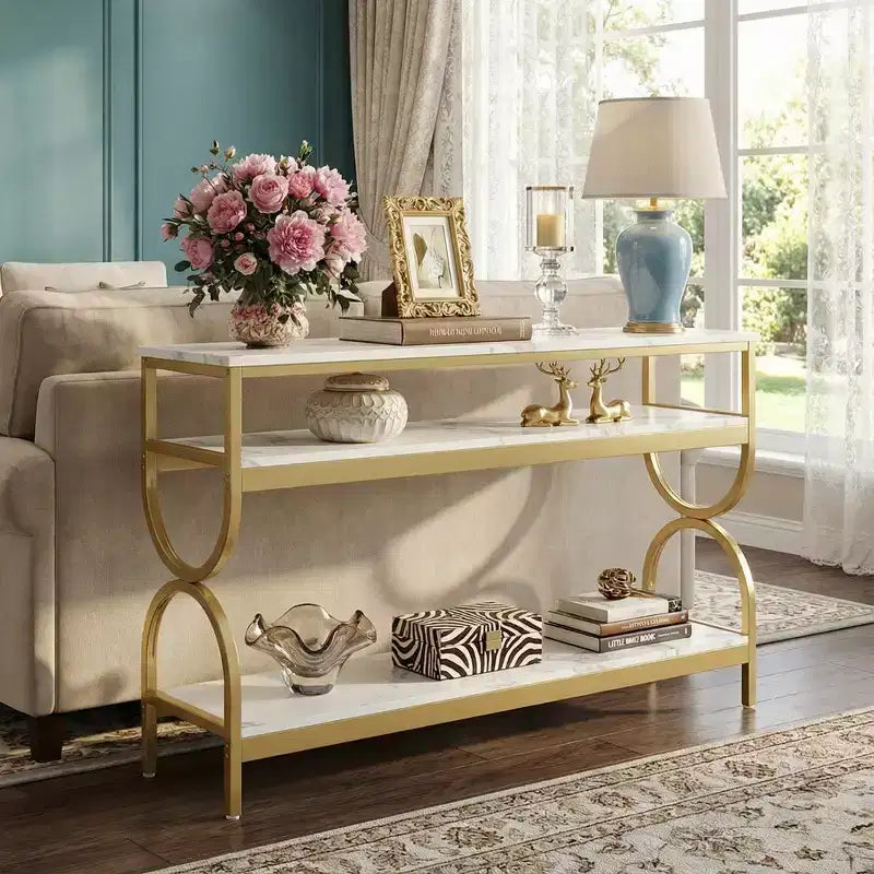 Console MAYEERTY à 3 niveaux, table de canapé de 140 cm avec étagères de rangement