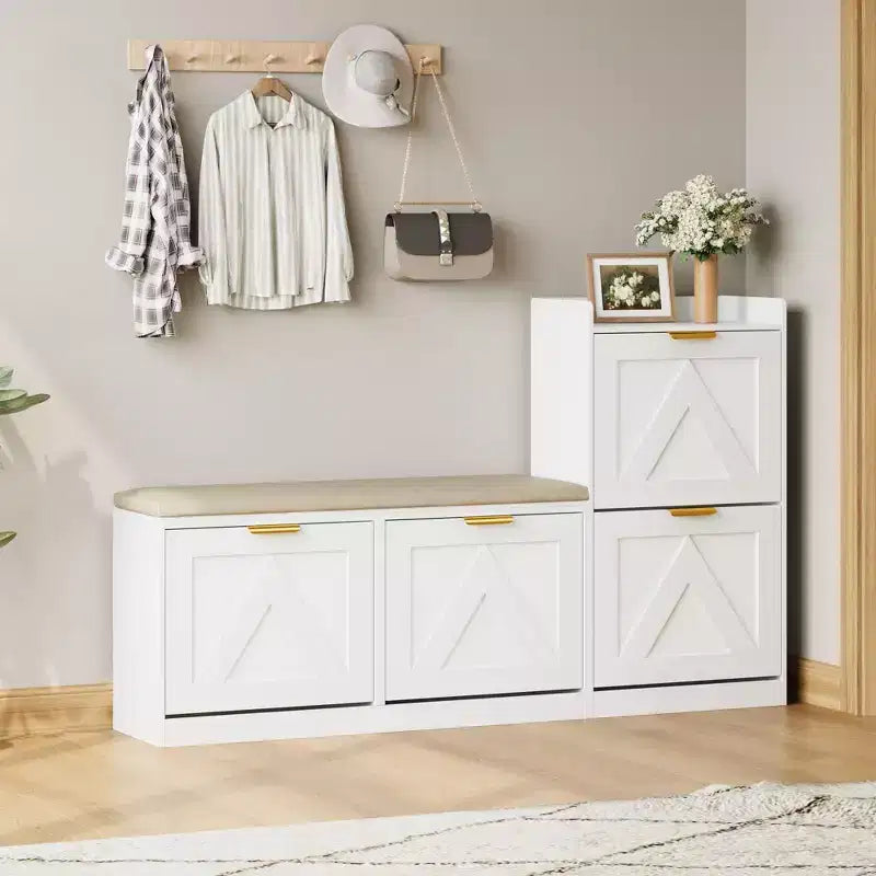 Meuble à chaussures, banc porte-chaussures autoportant avec 4 tiroirs basculants, meuble de rangement pour chaussures et siège rembourré confortable, adapté pour l'entrée et le couloir