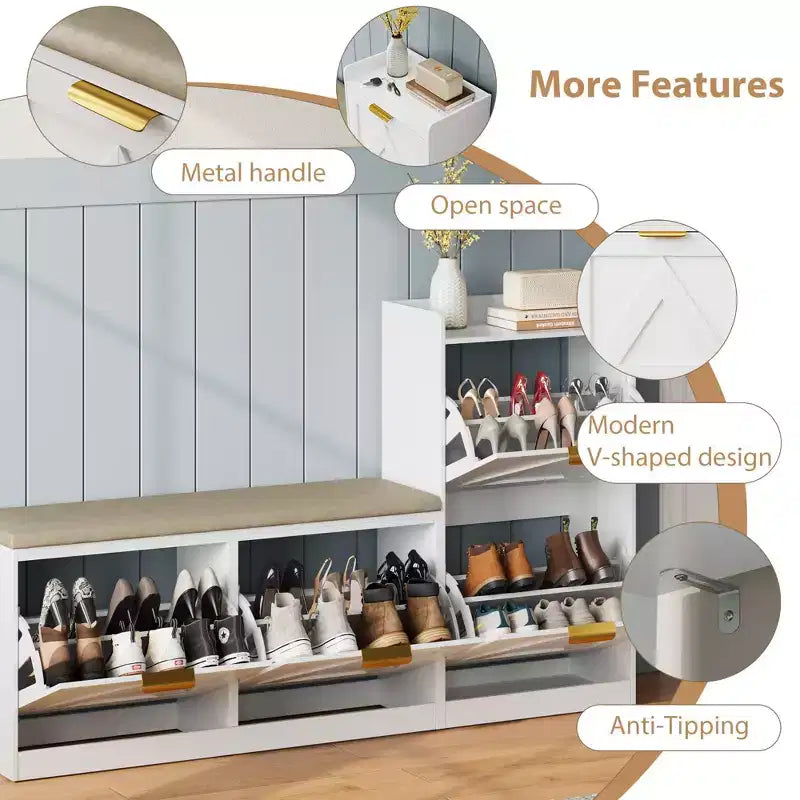 Meuble à chaussures, banc porte-chaussures autoportant avec 4 tiroirs basculants, meuble de rangement pour chaussures et siège rembourré confortable, adapté pour l'entrée et le couloir