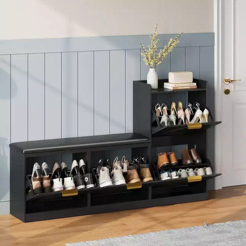 Shoe Cabinet, Freestanding Shoe Rack Bench with 4 Flip-Top Drawers, Shoe Storage Rack, and Comfortable Cushioned Seat, Suitable for Foyer and Hallway