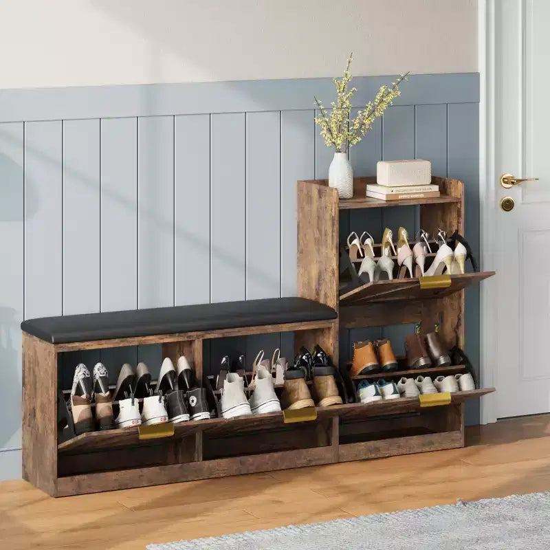 Meuble à chaussures, banc porte-chaussures autoportant avec 4 tiroirs basculants, meuble de rangement pour chaussures et siège rembourré confortable, adapté pour l'entrée et le couloir