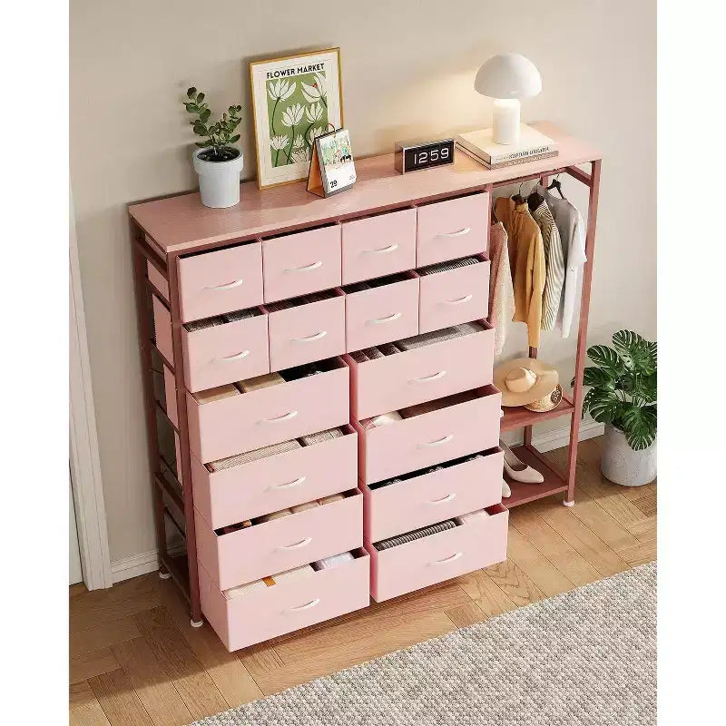 Portant à vêtements à 16 tiroirs Organisateur de garde-robe autoportant avec étagères pour le rangement de la chambre à coucher