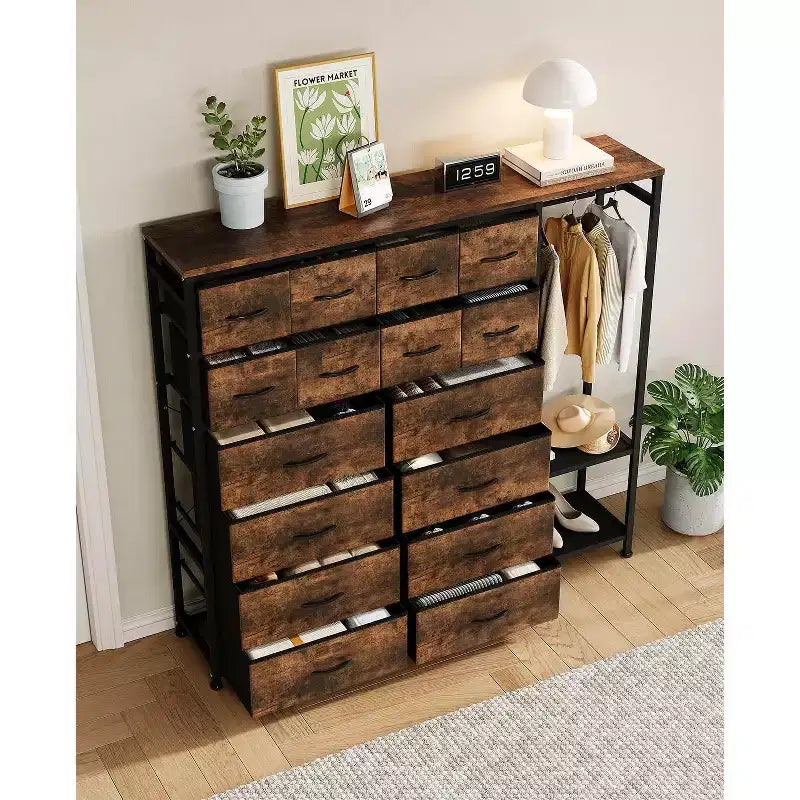 Portant à vêtements à 16 tiroirs Organisateur de garde-robe autoportant avec étagères pour le rangement de la chambre à coucher
