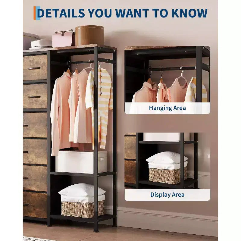 Portant à vêtements à 16 tiroirs Organisateur de garde-robe autoportant avec étagères pour le rangement de la chambre à coucher