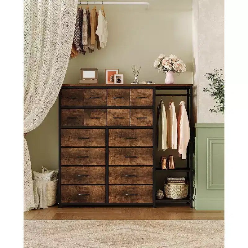Portant à vêtements à 16 tiroirs Organisateur de garde-robe autoportant avec étagères pour le rangement de la chambre à coucher