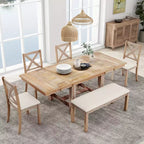 Ensemble de salle à manger extensible de ferme pour 6 personnes, table de cuisine rectangulaire en bois massif avec rallonge amovible, 4 chaises rembourrées et banc