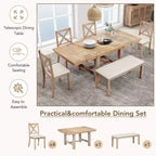 Ensemble de salle à manger extensible de ferme pour 6 personnes, table de cuisine rectangulaire en bois massif avec rallonge amovible, 4 chaises rembourrées et banc