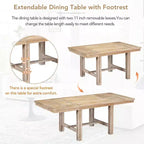 Ensemble de salle à manger extensible de ferme pour 6 personnes, table de cuisine rectangulaire en bois massif avec rallonge amovible, 4 chaises rembourrées et banc
