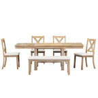 Ensemble de salle à manger extensible de ferme pour 6 personnes, table de cuisine rectangulaire en bois massif avec rallonge amovible, 4 chaises rembourrées et banc