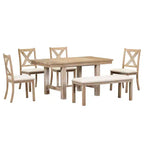 Ensemble de salle à manger extensible de ferme pour 6 personnes, table de cuisine rectangulaire en bois massif avec rallonge amovible, 4 chaises rembourrées et banc