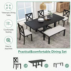 Ensemble de salle à manger extensible de ferme pour 6 personnes, table de cuisine rectangulaire en bois massif avec rallonge amovible, 4 chaises rembourrées et banc