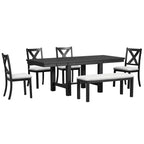 Ensemble de salle à manger extensible de ferme pour 6 personnes, table de cuisine rectangulaire en bois massif avec rallonge amovible, 4 chaises rembourrées et banc