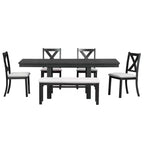 Ensemble de salle à manger extensible de ferme pour 6 personnes, table de cuisine rectangulaire en bois massif avec rallonge amovible, 4 chaises rembourrées et banc