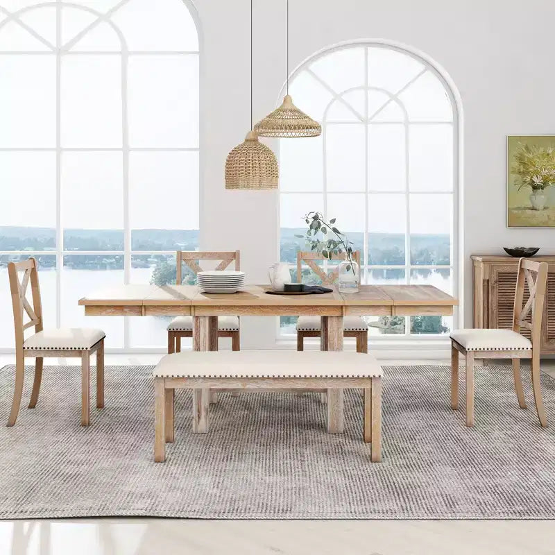 Ensemble de salle à manger extensible de ferme pour 6 personnes, table de cuisine rectangulaire en bois massif avec rallonge amovible, 4 chaises rembourrées et banc