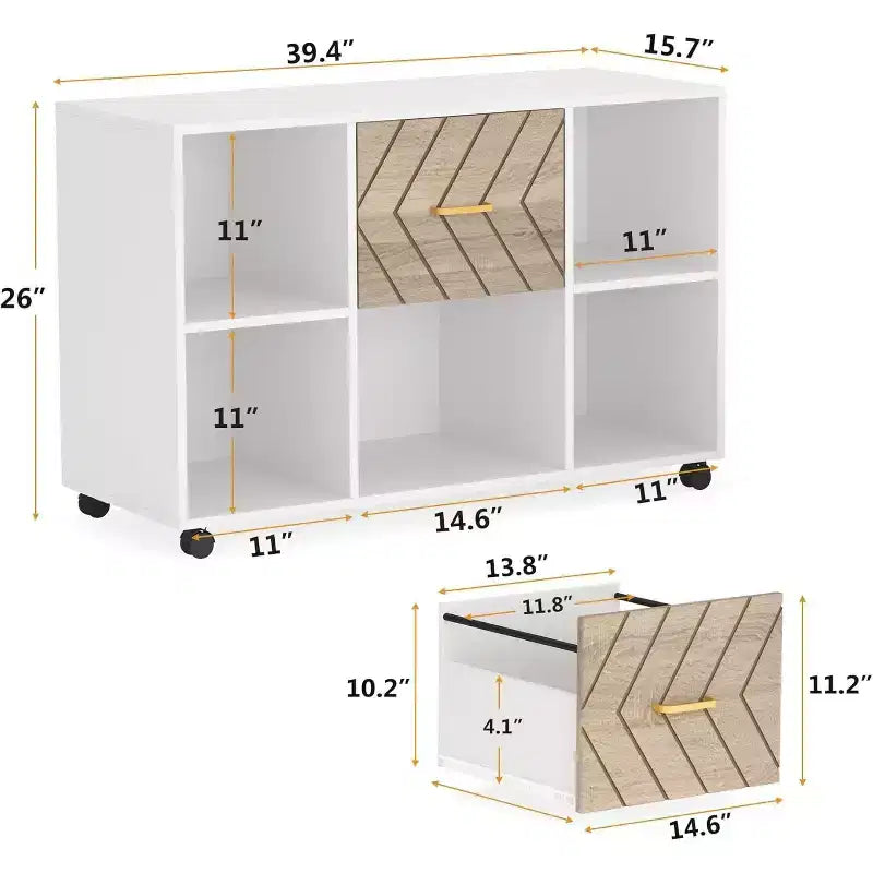 Classeur 2 tiroirs Lantine, Grand classeur latéral mobile pour dossiers de format lettre avec support d'imprimante et roulettes pour bureau à domicile, Blanc