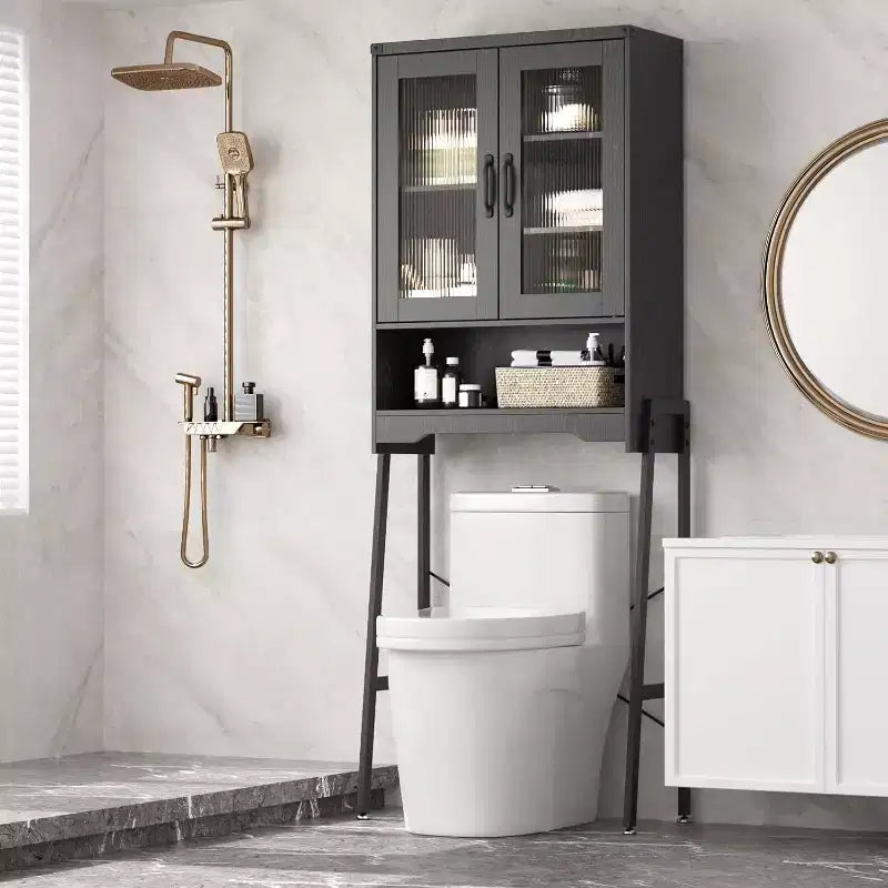 Meuble de rangement WC au-dessus des toilettes avec portes en verre trempé et étagère réglable (noir)