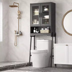 Meuble de rangement WC au-dessus des toilettes avec portes en verre trempé et étagère réglable (noir)