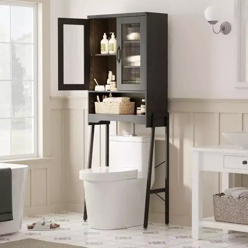 Meuble de rangement WC au-dessus des toilettes avec portes en verre trempé et étagère réglable (noir)