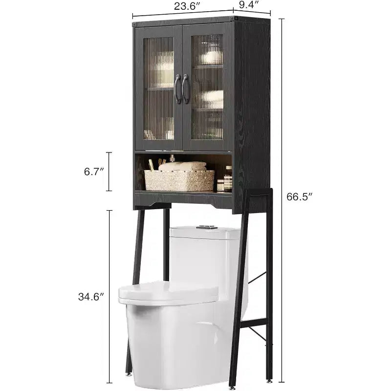 Meuble de rangement WC au-dessus des toilettes avec portes en verre trempé et étagère réglable (noir)