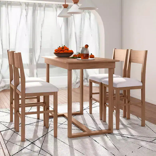 5 Pieces Counter Height Dining Set for 4, Farmhouse Wooden Bar Table Set with 4 Upholstered Chairs for Small Places
