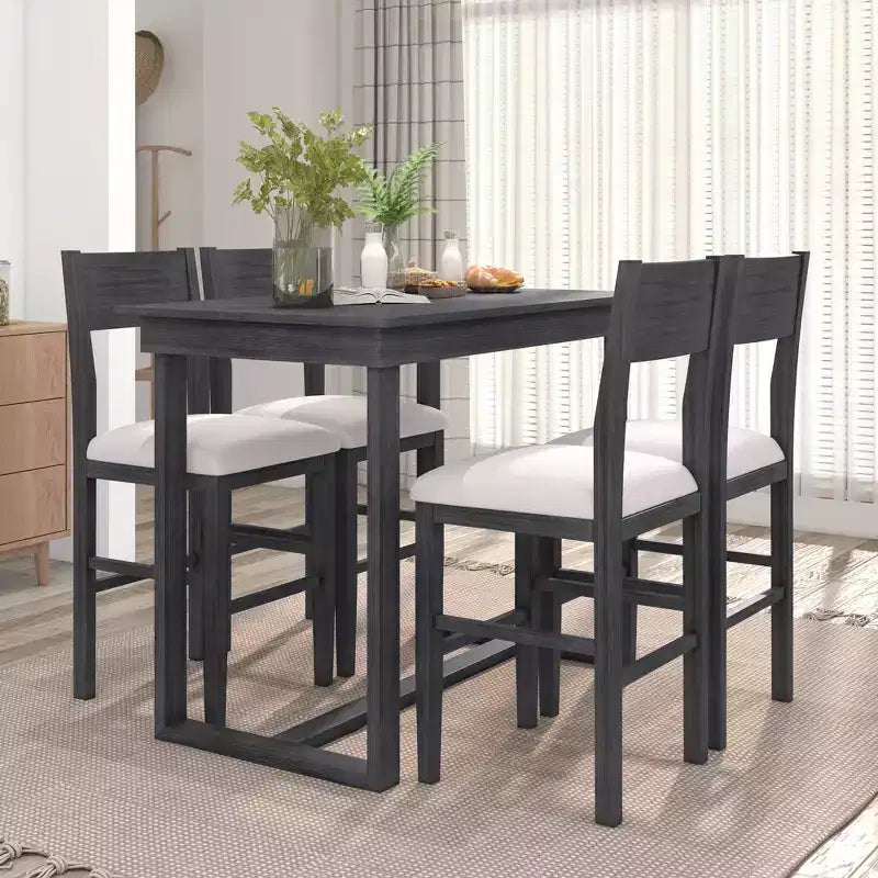 Ensemble de salle à manger 5 pièces à hauteur de comptoir pour 4 personnes, ensemble table de bar en bois de style ferme avec 4 chaises rembourrées pour petits espaces