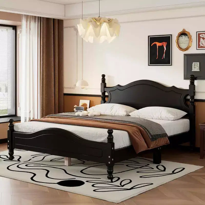 MAYEERTY Cadre de lit plateforme queen-size rétro en bois avec lattes en bois pour chambre à coucher, noir