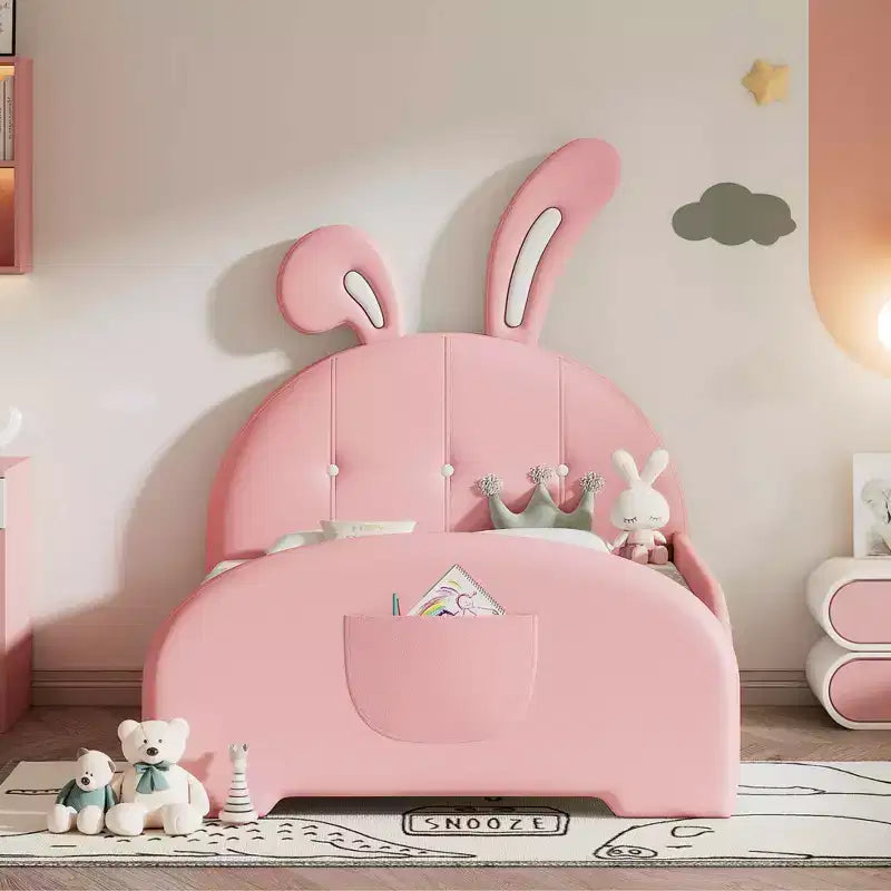 Lit de princesse rembourré en forme de lapin MAYEERTY pour lit jumeau avec tête de lit et pied de lit rose