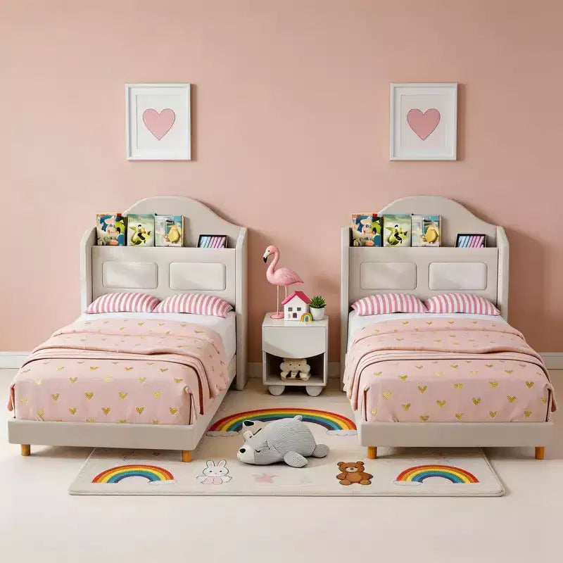 Set of 2 Twin Bed Frame for Kids, Upholstered Velvet Platform Bed for Boys/Girls with Wingback, Storage Bookcase Headboard & LED Lights