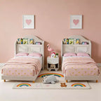 Set of 2 Twin Bed Frame for Kids, Upholstered Velvet Platform Bed for Boys/Girls with Wingback, Storage Bookcase Headboard & LED Lights