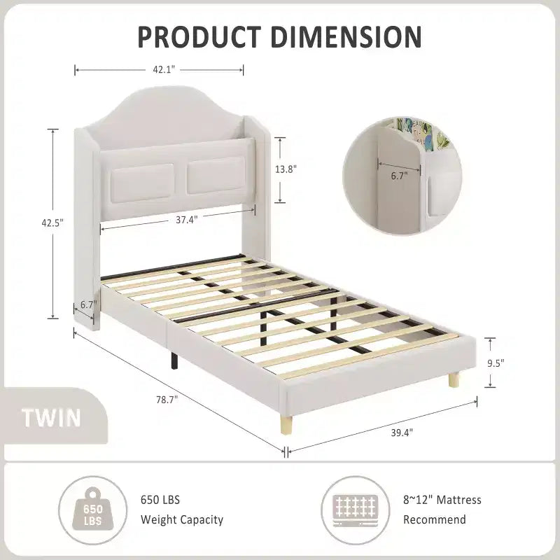 Lot de 2 lits jumeaux pour enfants, lit plateforme capitonné en velours pour garçons/filles avec dossier ailé, tête de lit bibliothèque de rangement et lumières LED