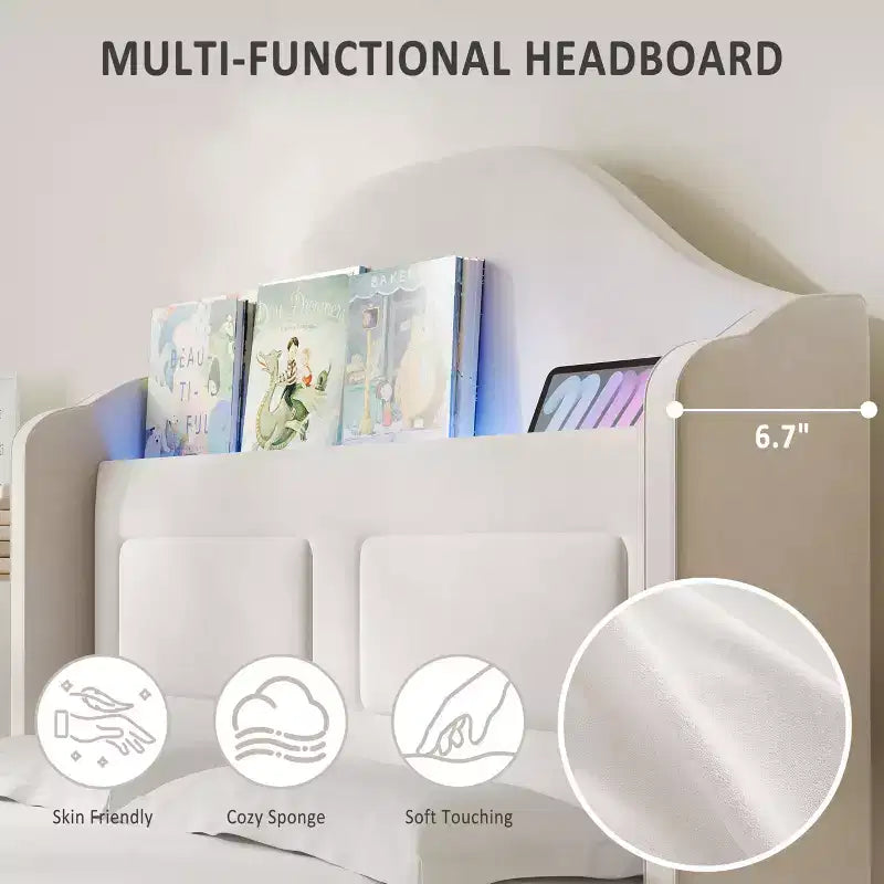 Lot de 2 lits jumeaux pour enfants, lit plateforme capitonné en velours pour garçons/filles avec dossier ailé, tête de lit bibliothèque de rangement et lumières LED