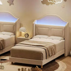 Lot de 2 lits jumeaux pour enfants, lit plateforme capitonné en velours pour garçons/filles avec dossier ailé, tête de lit bibliothèque de rangement et lumières LED