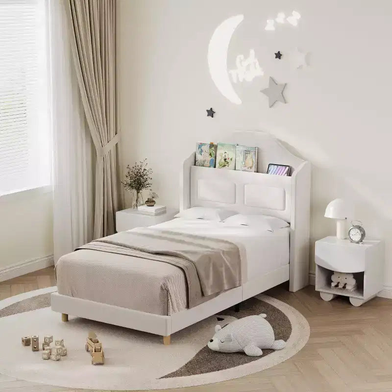Lot de 2 lits jumeaux pour enfants, lit plateforme capitonné en velours pour garçons/filles avec dossier ailé, tête de lit bibliothèque de rangement et lumières LED