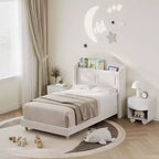 Lot de 2 lits jumeaux pour enfants, lit plateforme capitonné en velours pour garçons/filles avec dossier ailé, tête de lit bibliothèque de rangement et lumières LED