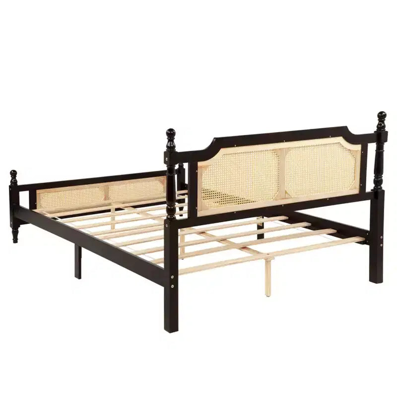 Lit plateforme Queen Size avec tête de lit et pied de lit en rotin, lit en bois et rotin avec support central renforcé