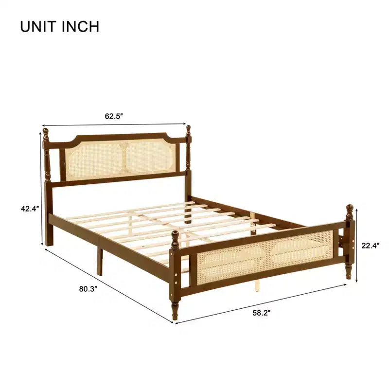 Lit plateforme Queen Size avec tête de lit et pied de lit en rotin, lit en bois et rotin avec support central renforcé