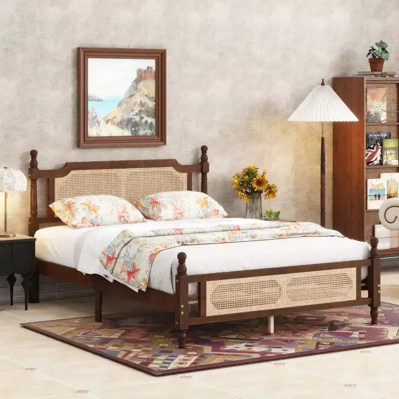 Lit plateforme Queen Size avec tête de lit et pied de lit en rotin, lit en bois et rotin avec support central renforcé