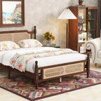 Lit plateforme Queen Size avec tête de lit et pied de lit en rotin, lit en bois et rotin avec support central renforcé