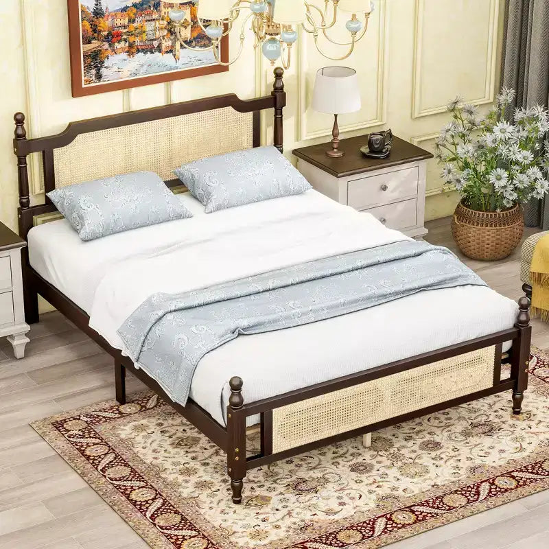 Lit plateforme Queen Size avec tête de lit et pied de lit en rotin, lit en bois et rotin avec support central renforcé