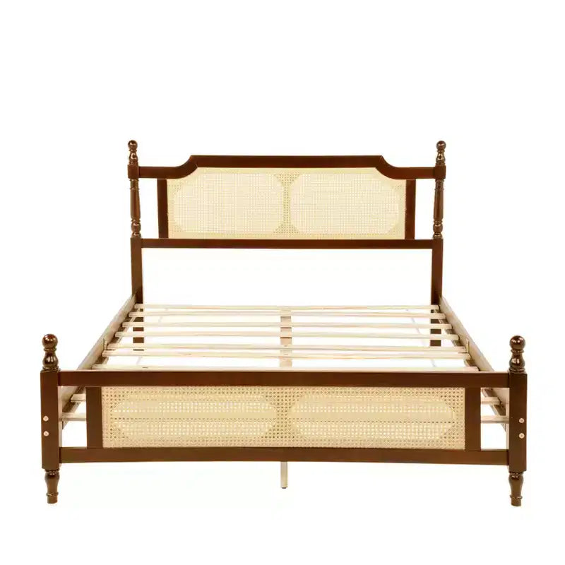 Lit plateforme Queen Size avec tête de lit et pied de lit en rotin, lit en bois et rotin avec support central renforcé