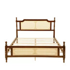 Lit plateforme Queen Size avec tête de lit et pied de lit en rotin, lit en bois et rotin avec support central renforcé