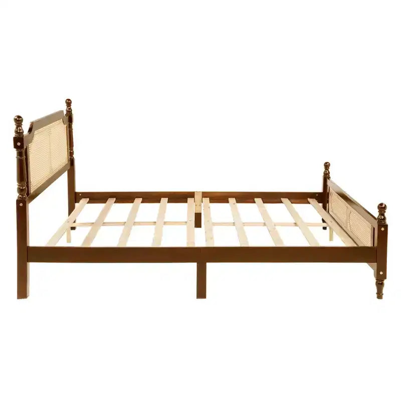 Lit plateforme Queen Size avec tête de lit et pied de lit en rotin, lit en bois et rotin avec support central renforcé